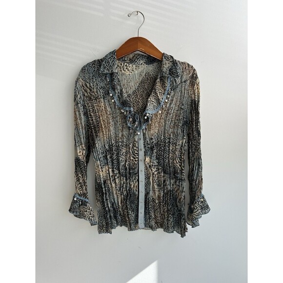 Vintage Y2K Pleated Fairy Button Up Sz M/L Bell Sleeve Cheetah Whimsy Sequins - Picture 1 of 10